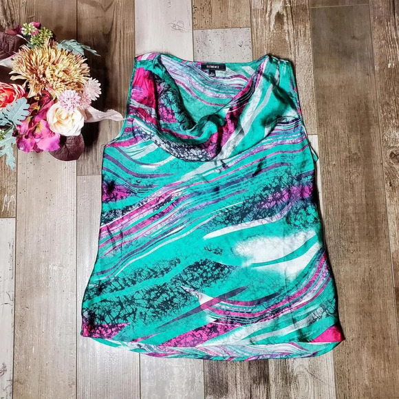Elementz Abstract Multicolor Sleeveless Silky Draped Collar Blouse Women's Small - Picture 12 of 15